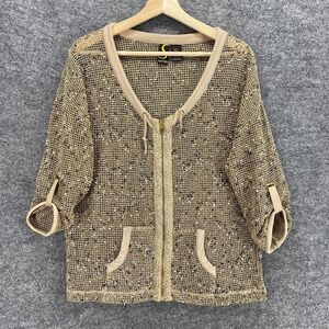 Sportelle Top Women S Small Brown Crochet Full Zip 3/4 Sleeve